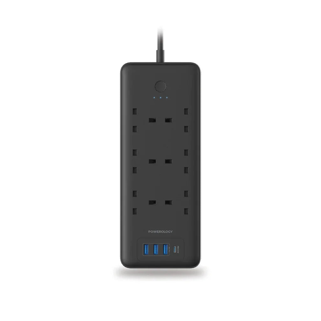 Powerology 48W 6AC 1x PD USB-C and 3x QC USB-A Power Strip with UK Plug - Black - Tashqila Powerology 48W 6AC 1x PD USB-C and 3x QC USB-A Power Strip with UK Plug - Black - Tashqila